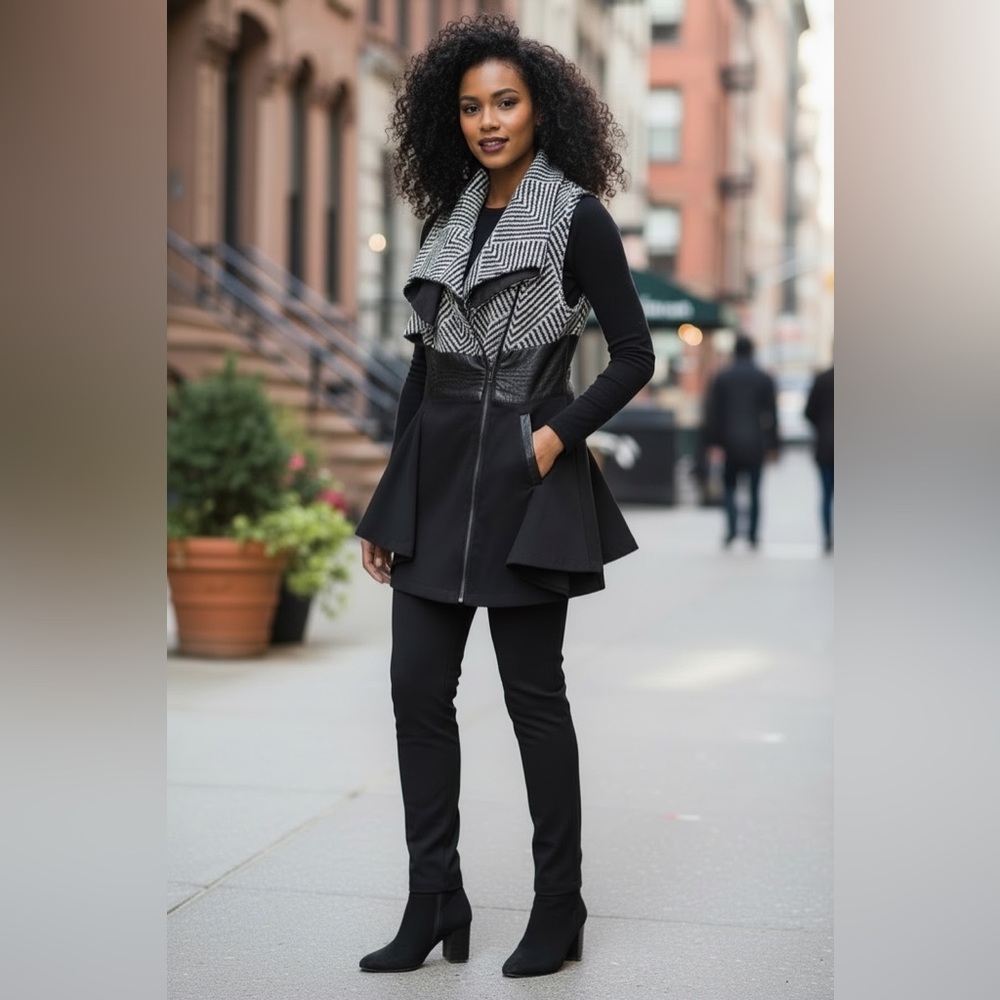 Stylish Black and White Jacket with Patterned Collar